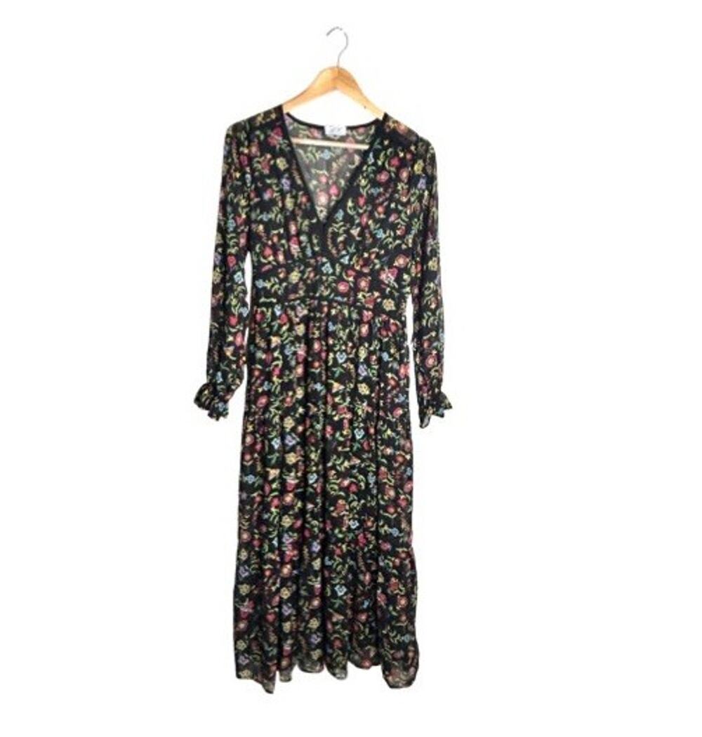 Anna Kay Maxi Dress Floral Sheer Size Large Long Sleeves Ruffled Cottage Boho